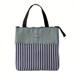Stylish Insulated Lunch Tote Bag with Striped Compartments & Mesh Pocket