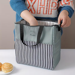 Stylish Insulated Lunch Tote Bag with Striped Compartments & Mesh Pocket