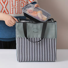 Stylish Insulated Lunch Tote Bag with Striped Compartments & Mesh Pocket