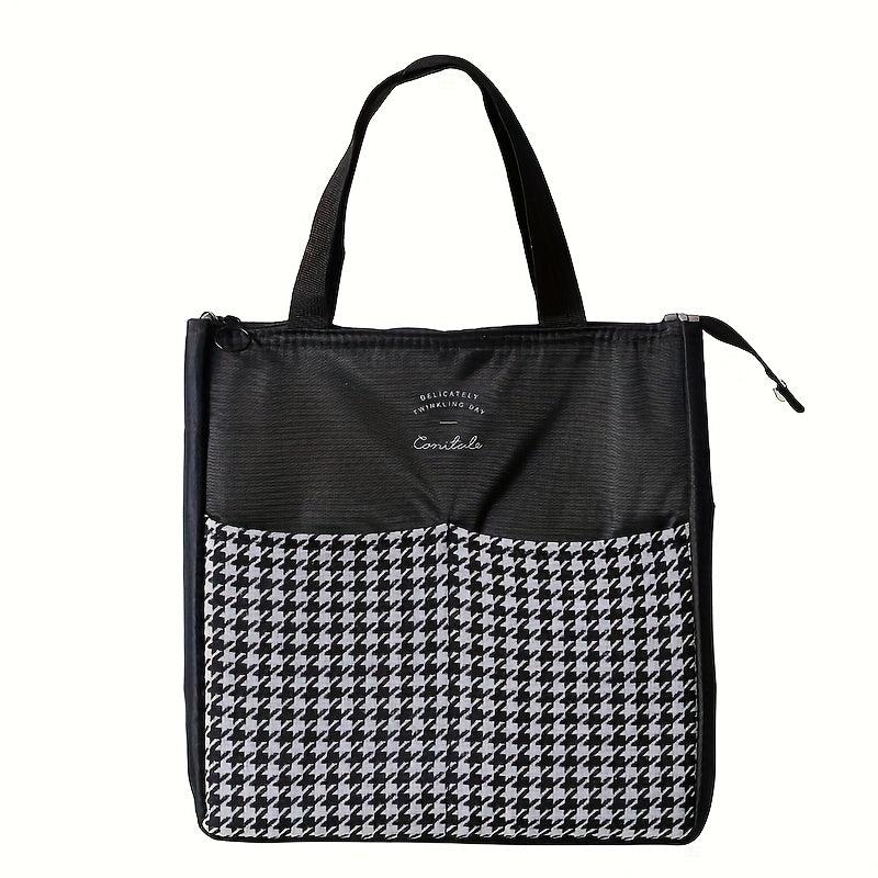 Stylish Insulated Lunch Tote Bag with Striped Compartments & Mesh Pocket