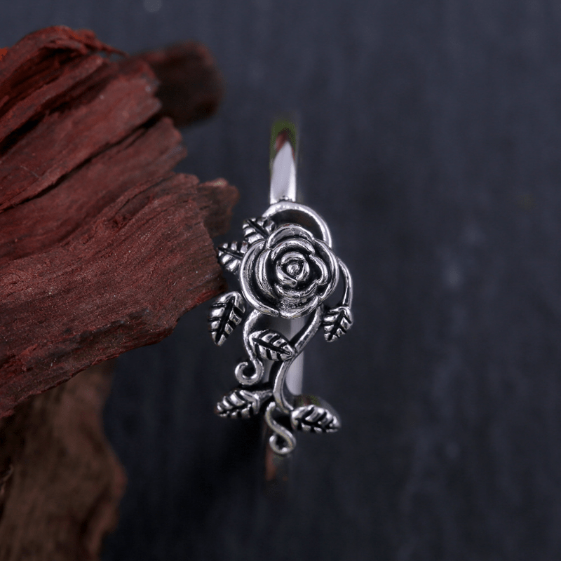 Men's Rose Flower Leaf Vine Ring Wedding Floral Rings