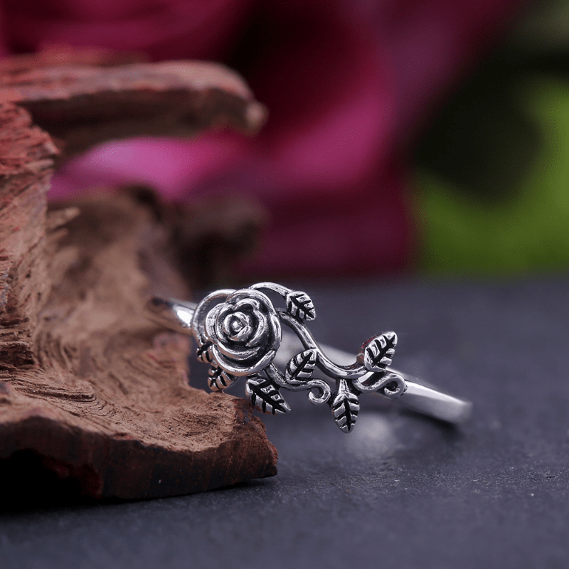 Men's Rose Flower Leaf Vine Ring Wedding Floral Rings