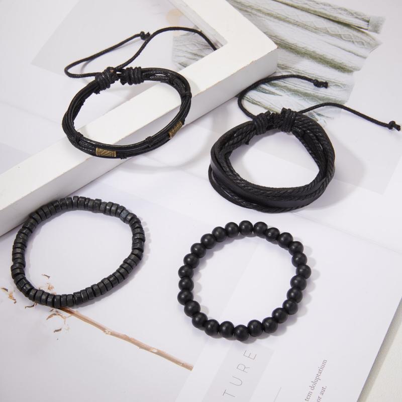 Men's Wooden Beaded Braided Leather Bracelet Set