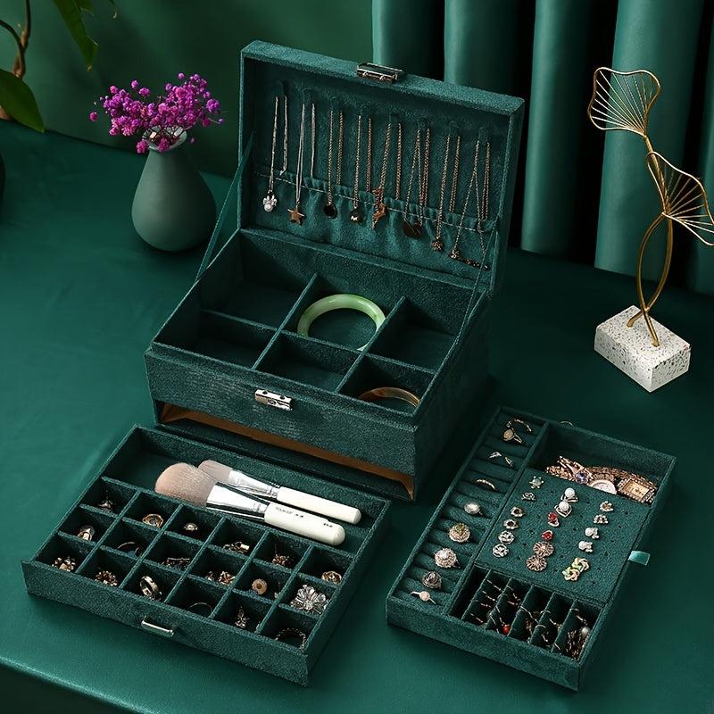 3 Layer Flannelette Jewelry Storage Box Lockable Organizer Case