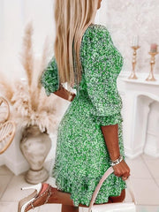 Women's Floral Print Ruched Waist V Neck Boho Dress