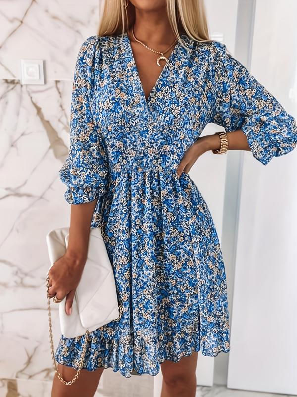 Women's Floral Print Ruched Waist V Neck Boho Dress