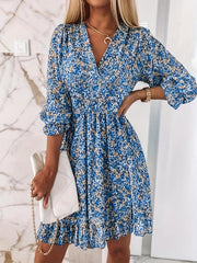 Women's Floral Print Ruched Waist V Neck Boho Dress