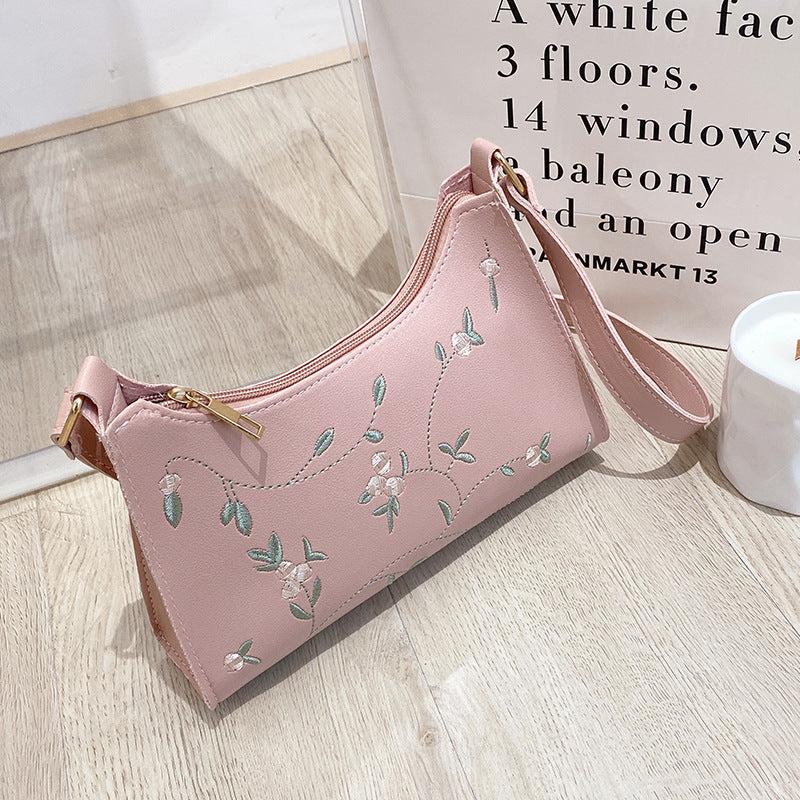 Floral Embroidery Baguette Bag Faux Leather Shoulder Purse