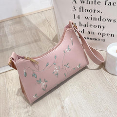Floral Embroidery Baguette Bag Faux Leather Shoulder Purse