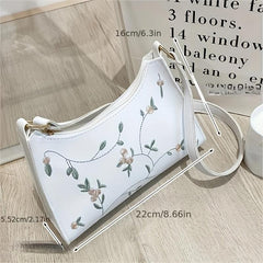 Floral Embroidery Baguette Bag Faux Leather Shoulder Purse