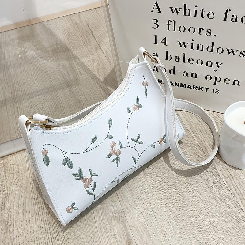 Floral Embroidery Baguette Bag Faux Leather Shoulder Purse