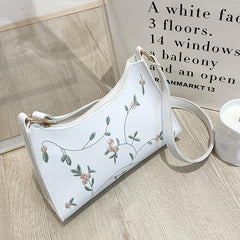 Floral Embroidery Baguette Bag Faux Leather Shoulder Purse