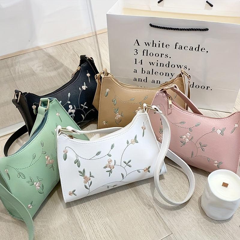 Floral Embroidery Baguette Bag Faux Leather Shoulder Purse