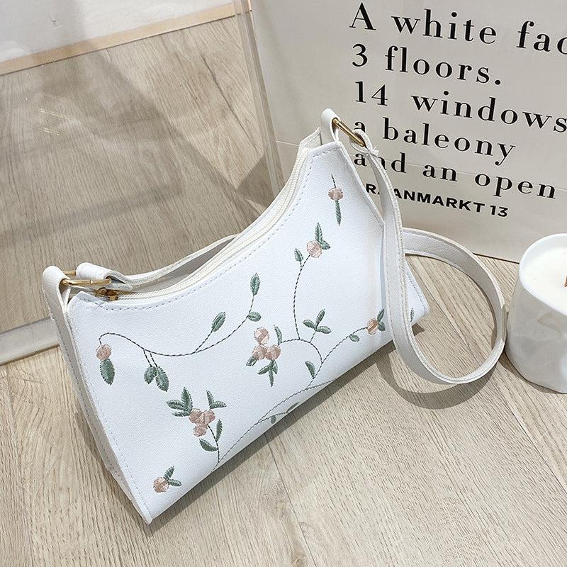 Floral Embroidery Baguette Bag Faux Leather Shoulder Purse