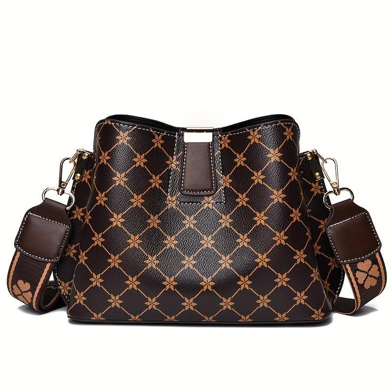 Classic Allover Print Shoulder Bag Wide Strap Crossbody Bag