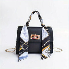 Mini Chain Crossbody Bag Scarf Decor Handbag Solid Shoulder Bag