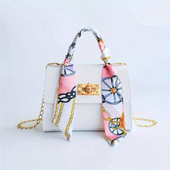 Mini Chain Crossbody Bag Scarf Decor Handbag Solid Shoulder Bag