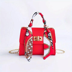 Mini Chain Crossbody Bag Scarf Decor Handbag Solid Shoulder Bag