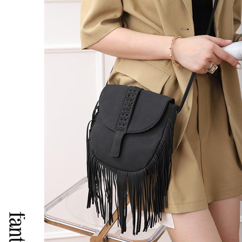 Boho Tassel Saddle Crossbody Bag PU Leather Textured Bag Purse Classic Shoulder