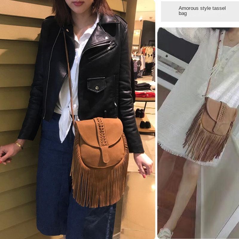 Boho Tassel Saddle Crossbody Bag PU Leather Textured Bag Purse Classic Shoulder
