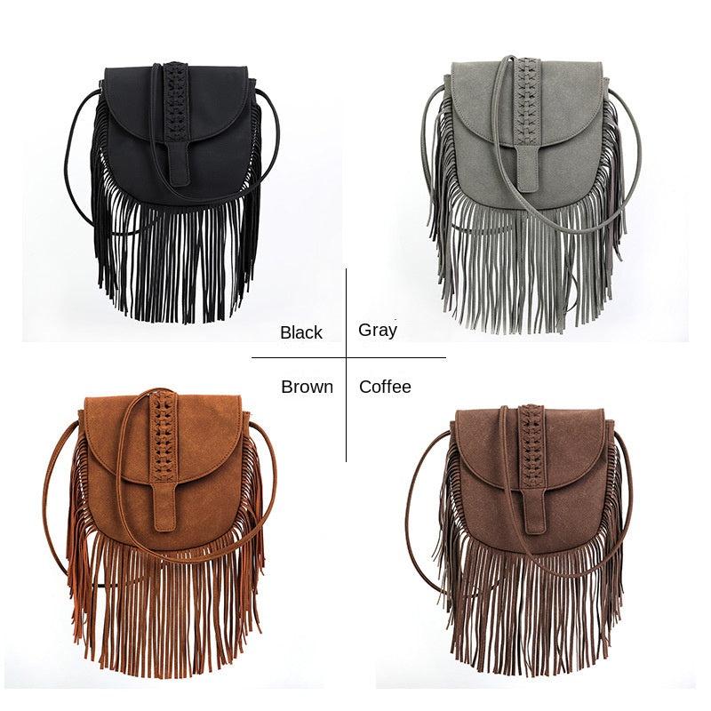 Boho Tassel Saddle Crossbody Bag PU Leather Textured Bag Purse Classic Shoulder