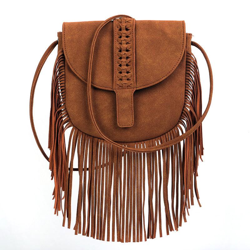 Boho Tassel Saddle Crossbody Bag PU Leather Textured Bag Purse Classic Shoulder