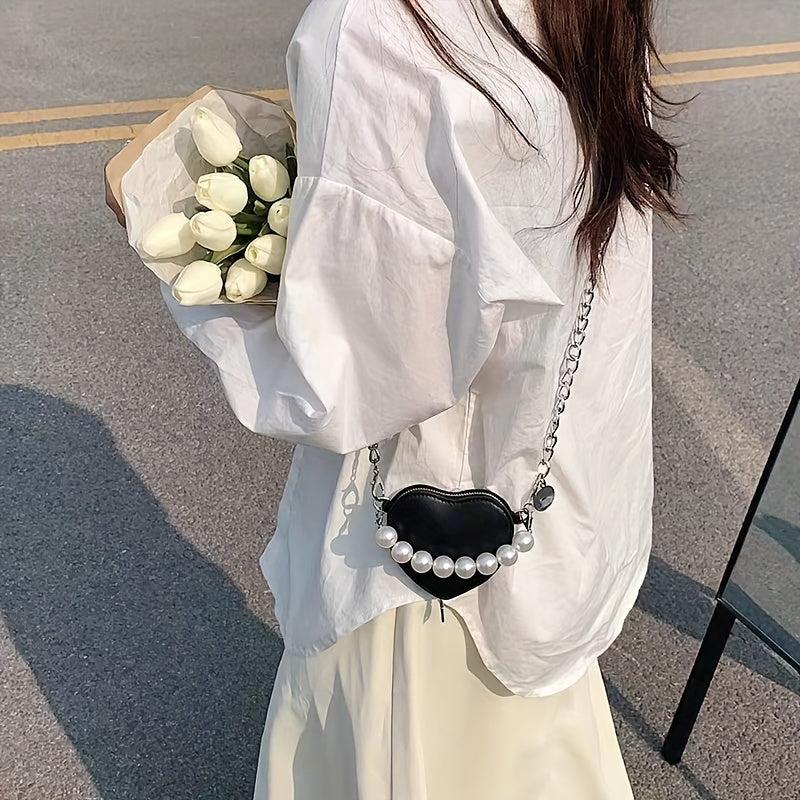 Heart Shaped Crossbody Bag Pearl Decor Purse Women's Shoulder Handbag