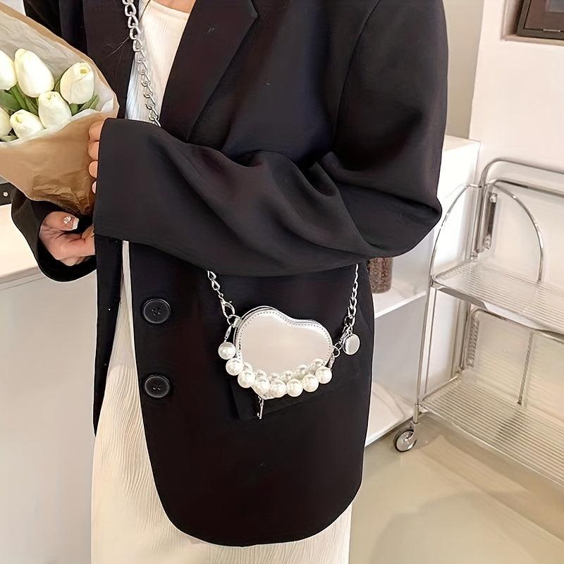 Heart Shaped Crossbody Bag Pearl Decor Purse Women's Shoulder Handbag