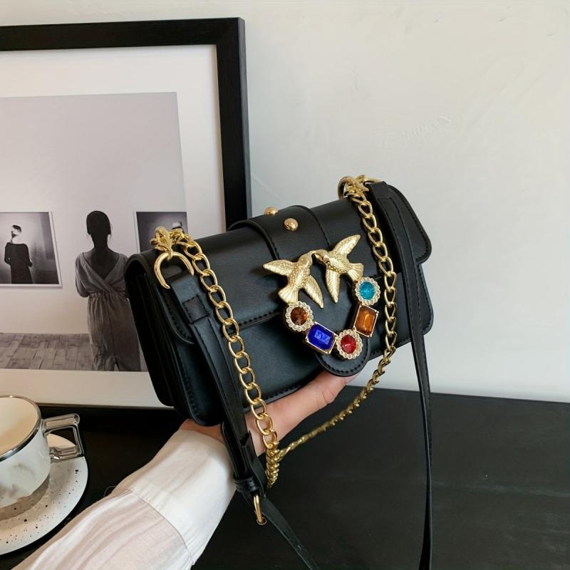 Bird Decor Crossbody Bag Rhinestone Glitter Chain Shoulder Purse