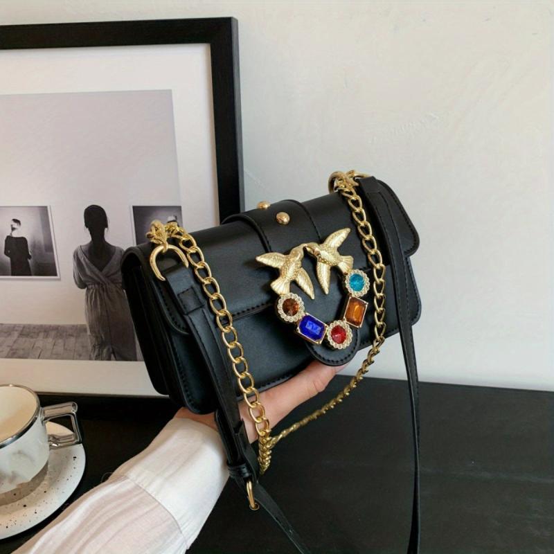 Bird Decor Crossbody Bag Rhinestone Glitter Chain Shoulder Purse