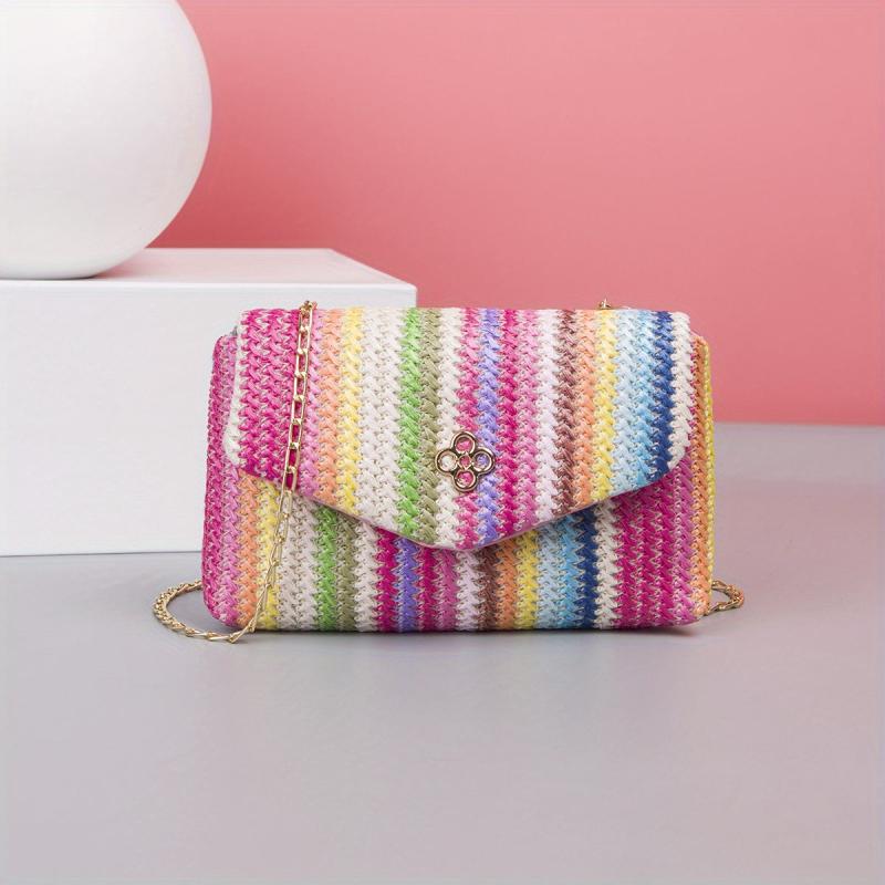 Colorful Straw Bag Flap Square Chain Shoulder Bag Niche Crossbody Bag