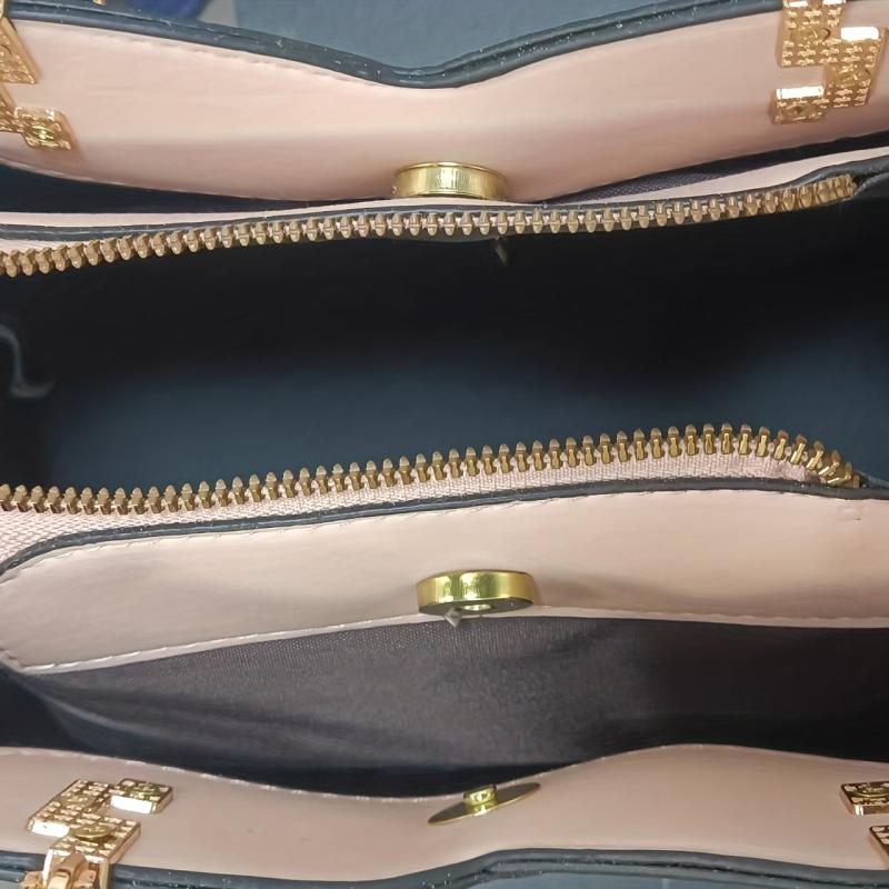Colorblock Top Ring Handbag Tassel Decor Shoulder Bag Crossbody Purse