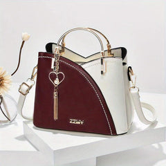 Colorblock Top Ring Handbag Tassel Decor Shoulder Bag Crossbody Purse