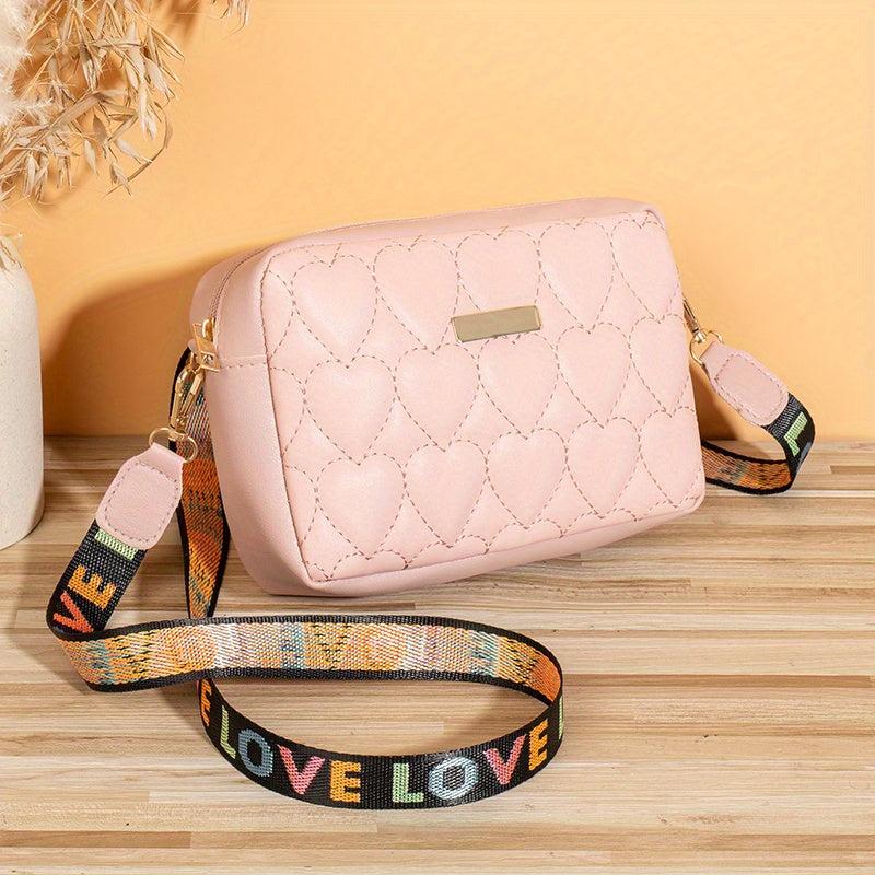 Heart Embroidery Crossbody Bag Camera Shoulder Bag Women's PU Leather Purse