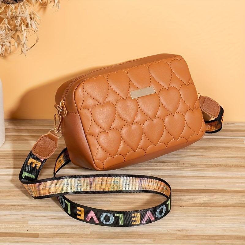 Heart Embroidery Crossbody Bag Camera Shoulder Bag Women's PU Leather Purse