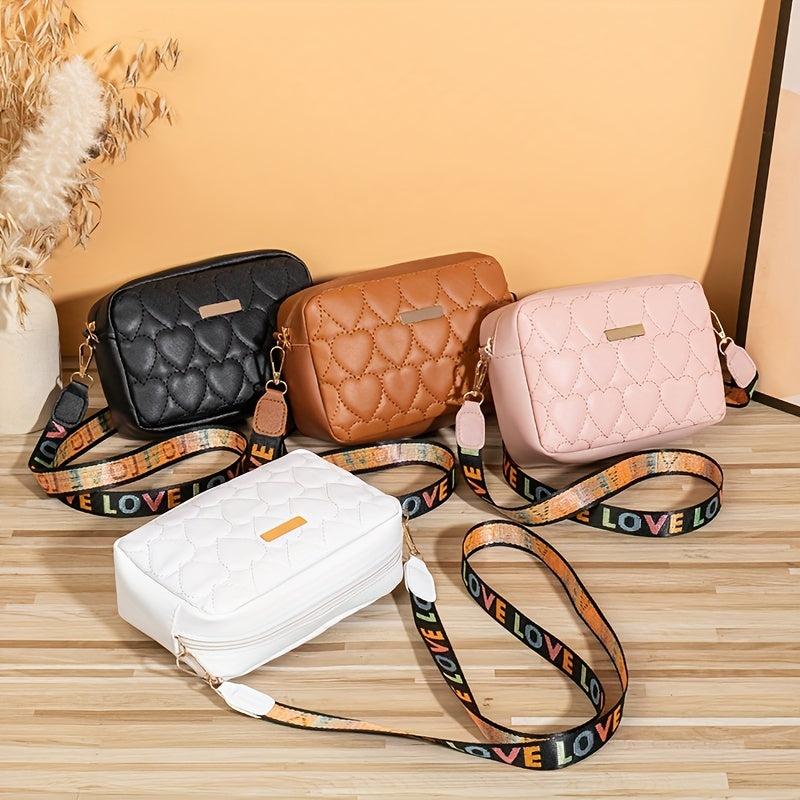 Heart Embroidery Crossbody Bag Camera Shoulder Bag Women's PU Leather Purse