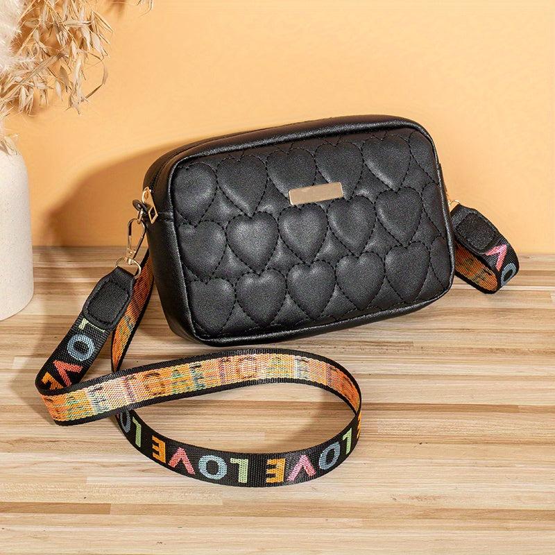 Heart Embroidery Crossbody Bag Camera Shoulder Bag Women's PU Leather Purse