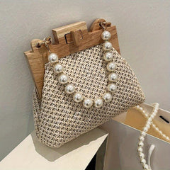 Straw Woven Beach Bag Faux Pearl Chain Wooden Clip Purse