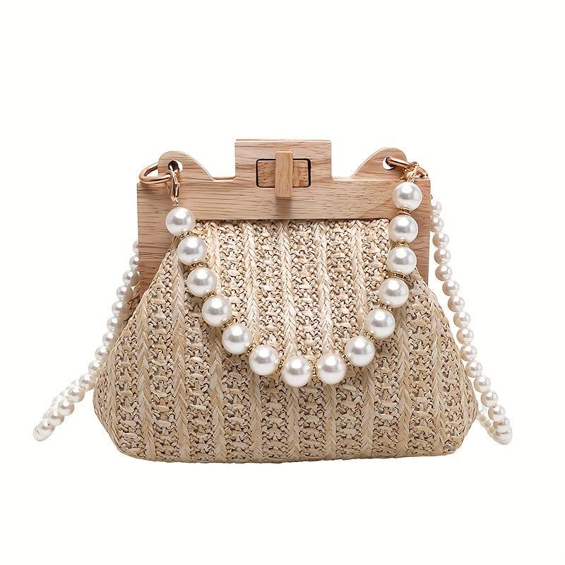 Straw Woven Beach Bag Faux Pearl Chain Wooden Clip Purse