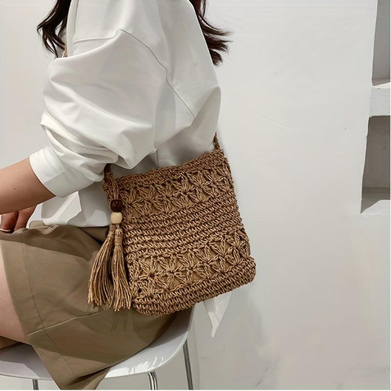 Straw Woven Shoulder Bag Tassel Decor Sling Bag Lightweight Casual Crossbody Bag