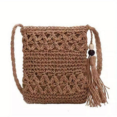 Straw Woven Shoulder Bag Tassel Decor Sling Bag Lightweight Casual Crossbody Bag