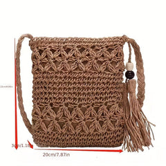 Straw Woven Shoulder Bag Tassel Decor Sling Bag Lightweight Casual Crossbody Bag