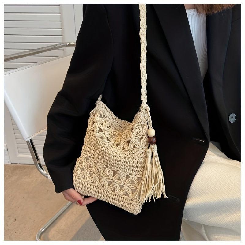 Straw Woven Shoulder Bag Tassel Decor Sling Bag Lightweight Casual Crossbody Bag
