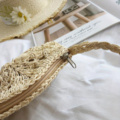 Woven Straw Beach Bag Slouchy Rattan Handbag Zipper Braided Strap