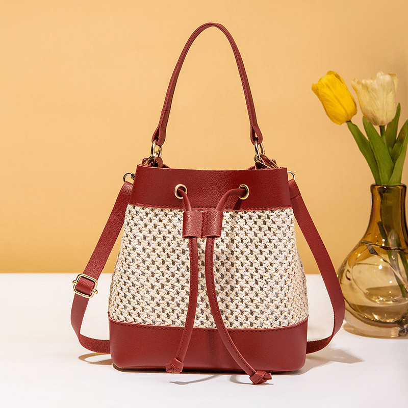 Straw Stitching Bucket Crossbody Bag