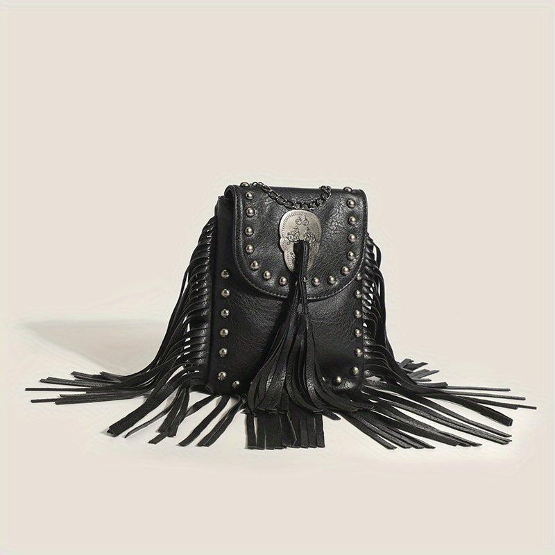 Fringe Crossbody Bag with Studs and Skull Decor
