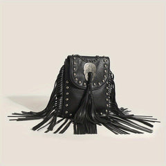 Fringe Crossbody Bag with Studs and Skull Decor