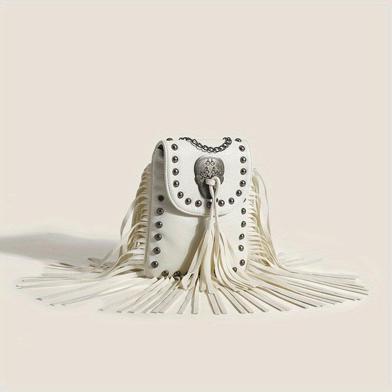 Fringe Crossbody Bag with Studs and Skull Decor