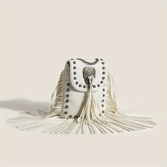 Fringe Crossbody Bag with Studs and Skull Decor
