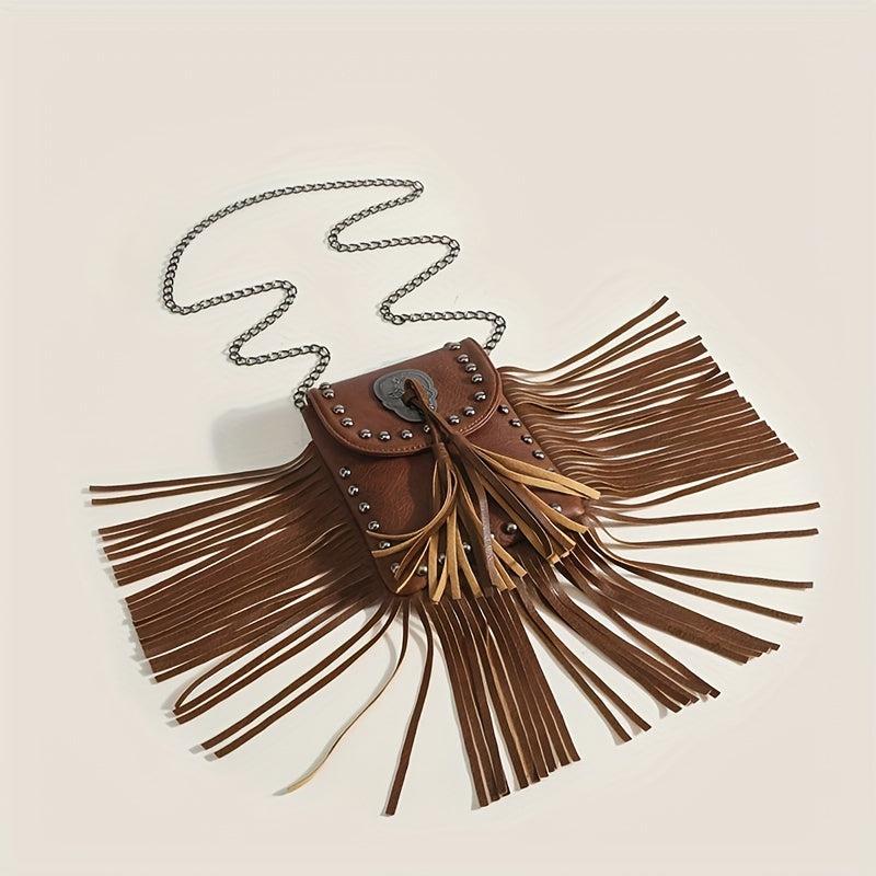 Fringe Crossbody Bag with Studs and Skull Decor
